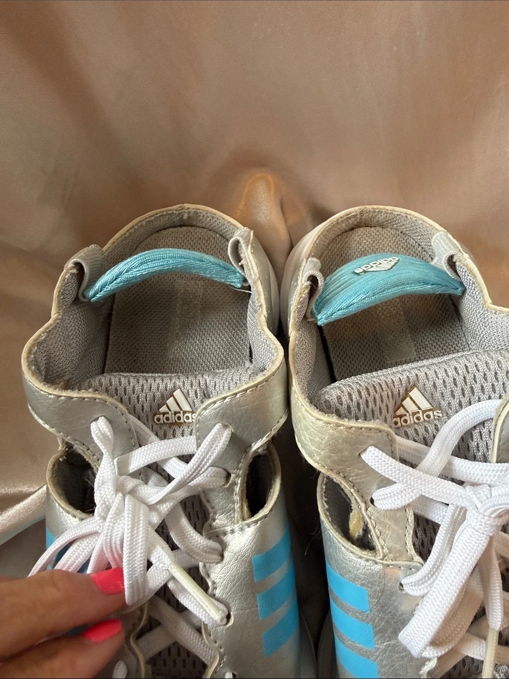 Women’s adidas Golf sling back shoes in metallic silver and blue